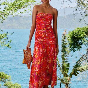 Orange Flying Birds Strapless Midi Dress